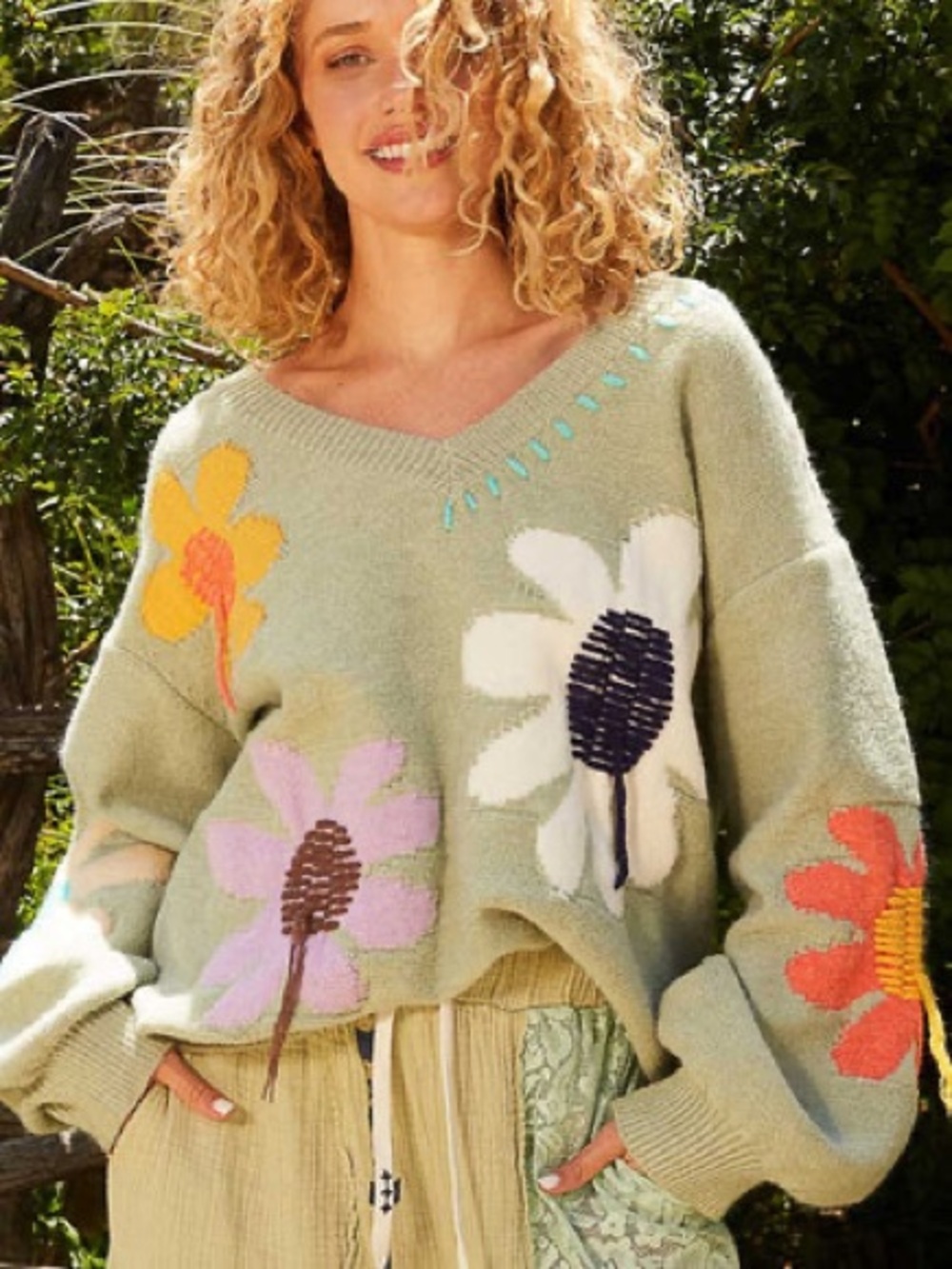 POL floral pattern sweater in soft sage
